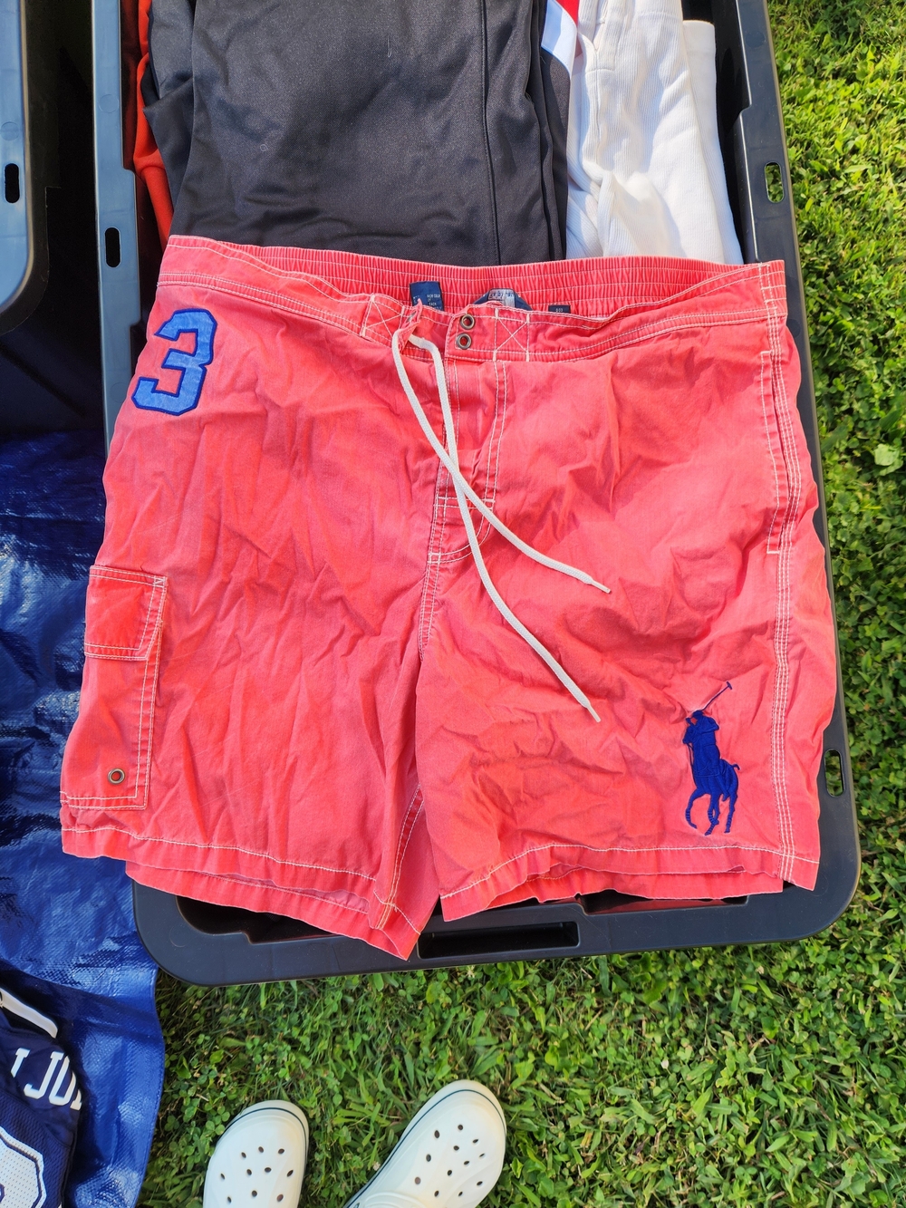 Polo by Ralph Lauren Men's Red Swim Trunks with Blue Polo Logo Men Large